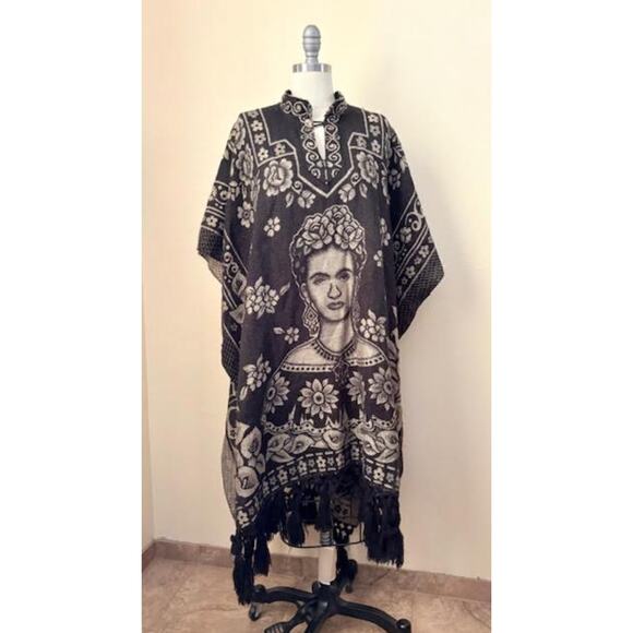 Frida Kahlo Poncho Tunic Black Gold Serape Fringe One Size Fits All Boho Art - Picture 4 of 7